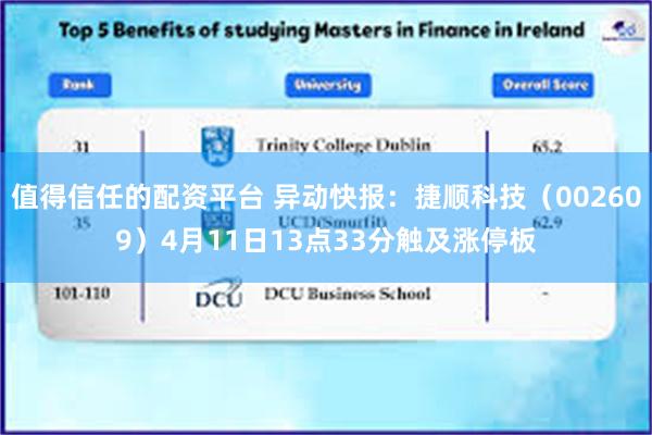 值得信任的配资平台 异动快报：捷顺科技（002609）4月11日13点33分触及涨停板